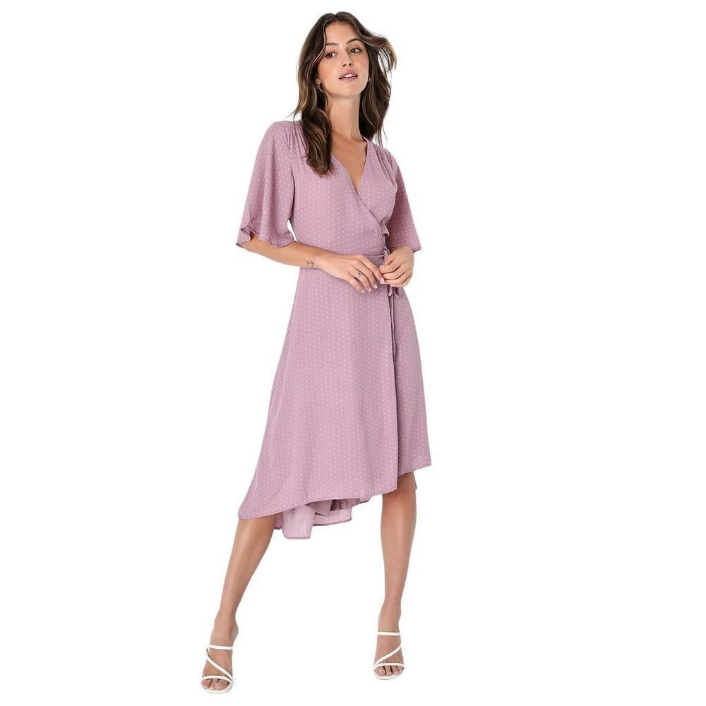 Lulus Farah Mauve Print Midi Wrap Dress high low dainty white triangles small